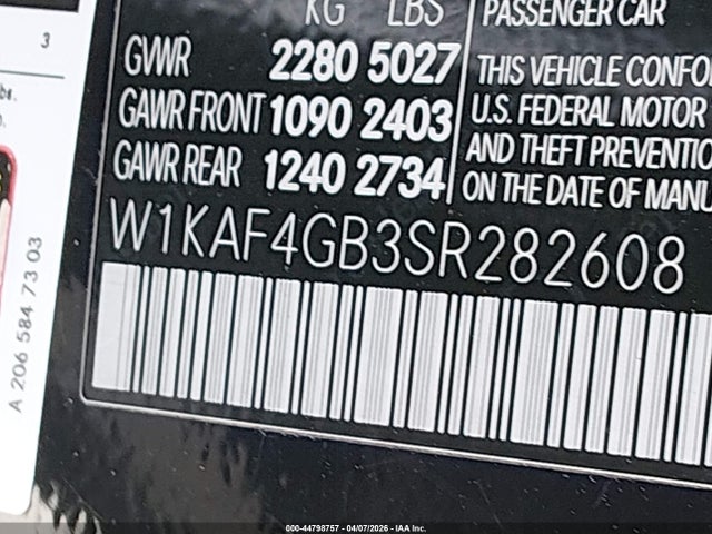 Продаж на аукціоні авто 2025 Mercedes-benz C 300, vin: W1KAF4GB3SR282608, номер лоту: 44798757