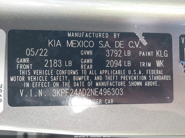 Продаж на аукціоні авто 2022 Kia Forte Lxs, vin: 3KPF24AD2NE496303, номер лоту: 44798770