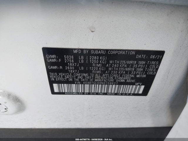 Продаж на аукціоні авто 2022 Subaru Outback Onyx Edition Xt, vin: 4S4BTGLD0N3108627, номер лоту: 44798776