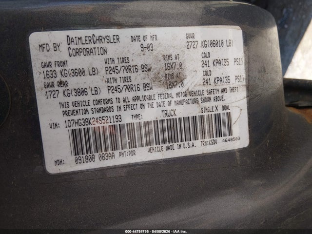 Aukcja sprzedaży 2004 Dodge Dakota Sport/sxt, vin: 1D7HG38K24S521193, numer aukcji: 44798795