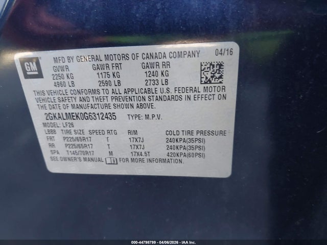 44798799 :رقم المزاد ، 2GKALMEK0G6312435 vin ، 2016 Gmc Terrain Sle-1 مزاد بيع