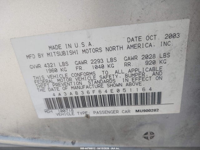 Aukcja sprzedaży 2004 Mitsubishi Galant Es, vin: 4A3AB36F64E051164, numer aukcji: 44798812