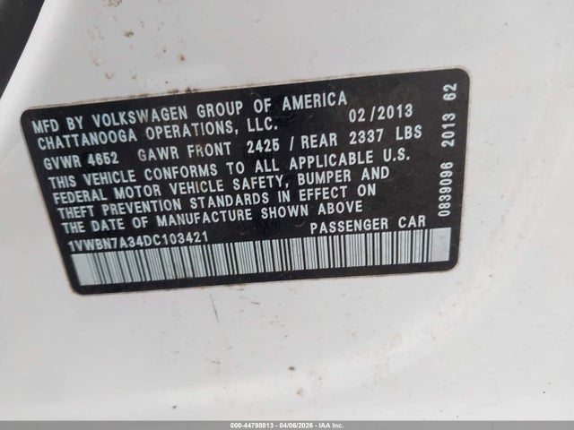 44798813 :رقم المزاد ، 1VWBN7A34DC103421 vin ، 2013 Volkswagen Passat 2.0l Tdi Se مزاد بيع