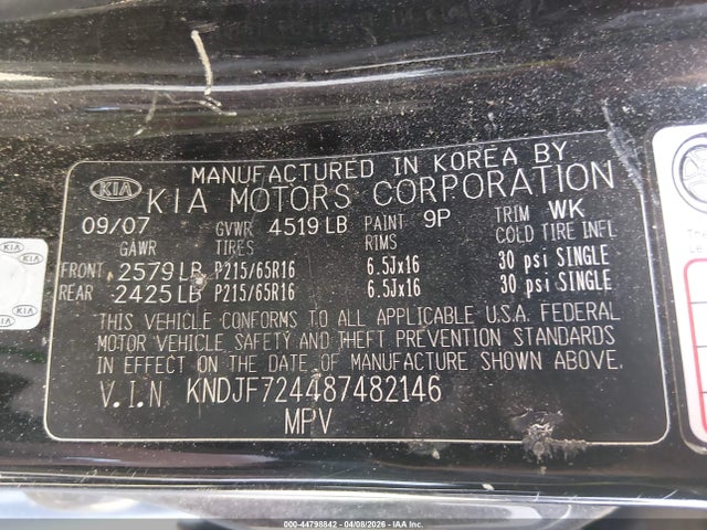 44798842 :رقم المزاد ، KNDJF724487482146 vin ، 2008 Kia Sportage Lx مزاد بيع