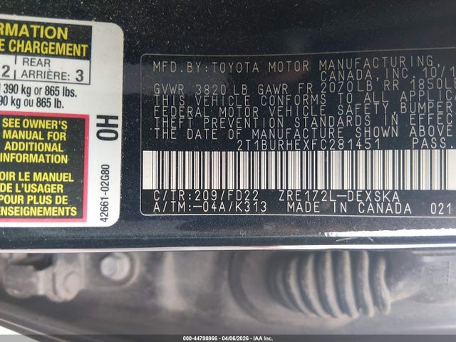 Aukcja sprzedaży 2015 Toyota Corolla S Plus, vin: 2T1BURHEXFC281451, numer aukcji: 44798866