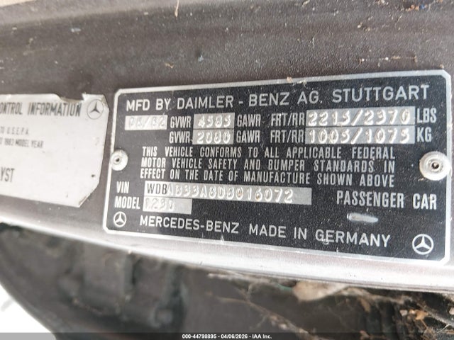 Продажа на аукционе авто 1983 Mercedes-benz 300 Dt, vin: WDBAB33A8DB016072, номер лота: 44798895