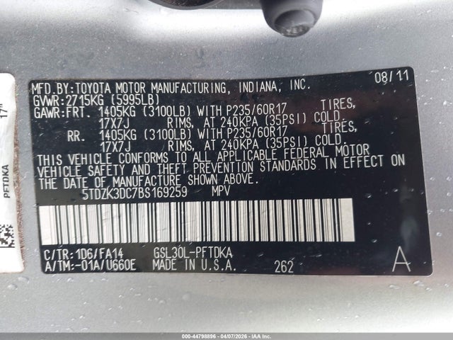 Продажа на аукционе авто 2011 Toyota Sienna Base V6, vin: 5TDZK3DC7BS169259, номер лота: 44798896