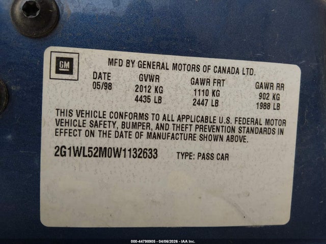 44798905 :رقم المزاد ، 2G1WL52M0W1132633 vin ، 1998 Chevrolet Lumina مزاد بيع