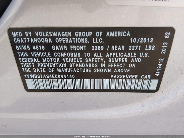 2014 Volkswagen Passat 1.8t Se მანქანა იყიდება აუქციონზე, vin: 1VWBS7A34EC044140, აუქციონის ნომერი: 44798911