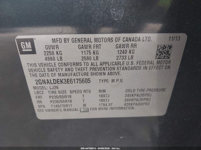 44798914 :رقم المزاد ، 2GNALDEK3E6175605 vin ، 2014 Chevrolet Equinox Ltz مزاد بيع