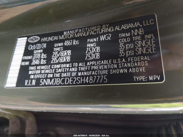 44798918 :رقم المزاد ، 5NMJBCDE2SH487775 vin ، 2025 Hyundai Tucson Sel مزاد بيع