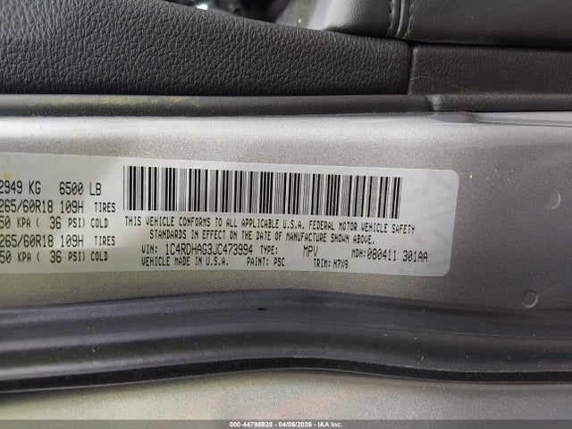 44798928 :رقم المزاد ، 1C4RDHAG3JC473994 vin ، 2018 Dodge Durango Sxt Rwd مزاد بيع