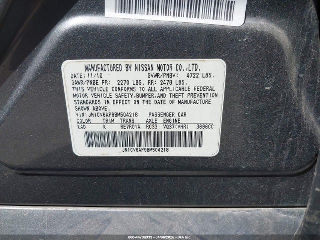 44798933 :رقم المزاد ، JN1CV6AP9BM504218 vin ، 2011 Infiniti G37 Journey مزاد بيع