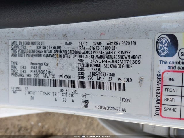Продажа на аукционе авто 2012 Ford Fiesta Se, vin: 3FADP4EJ9CM171309, номер лота: 44798935