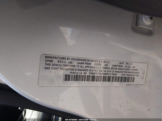 Aukcja sprzedaży 2011 Volkswagen Jetta 2.5l Se, vin: 3VWDX7AJ0BM317481, numer aukcji: 44798950