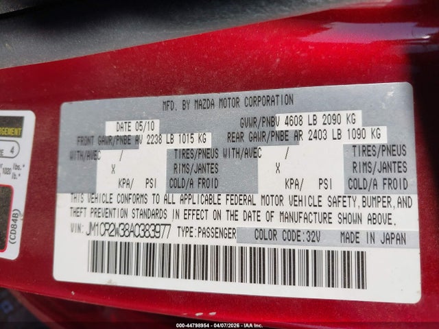 44798954 :رقم المزاد ، JM1CR2W38A0383977 vin ، 2010 Mazda Mazda5 Sport مزاد بيع