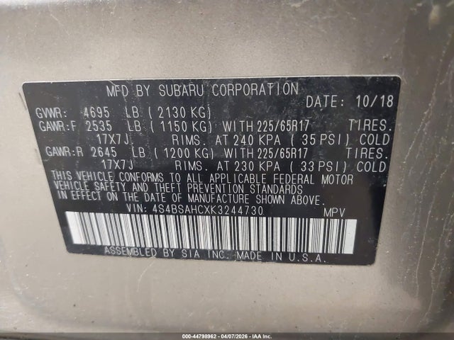 Aukcja sprzedaży 2019 Subaru Outback 2.5i Premium, vin: 4S4BSAHCXK3244730, numer aukcji: 44798962