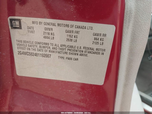 Aukcja sprzedaży 2008 Buick Lacrosse Cx, vin: 2G4WC582481192667, numer aukcji: 44798965