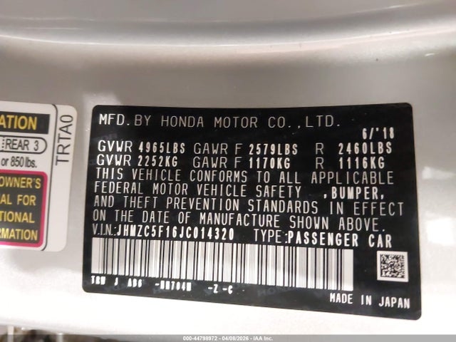 Продажа на аукционе авто 2018 Honda Clarity Plug-in Hybrid, vin: JHMZC5F16JC014320, номер лота: 44798972