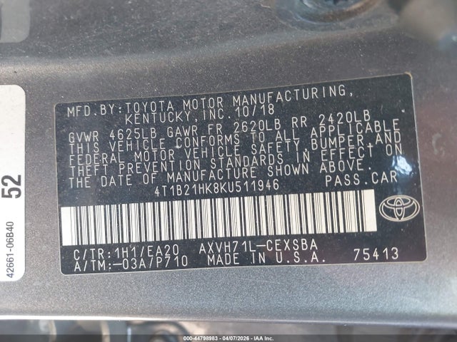 2019 TOYOTA CAMRY HYBRID 4T1B21HK8KU511946 Photo 8