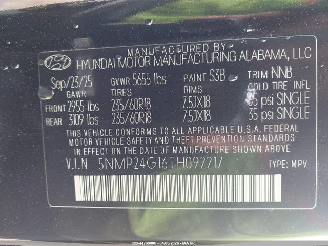 2026 Hyundai Santa Fe Hybrid Sel მანქანა იყიდება აუქციონზე, vin: 5NMP24G16TH092217, აუქციონის ნომერი: 44799006