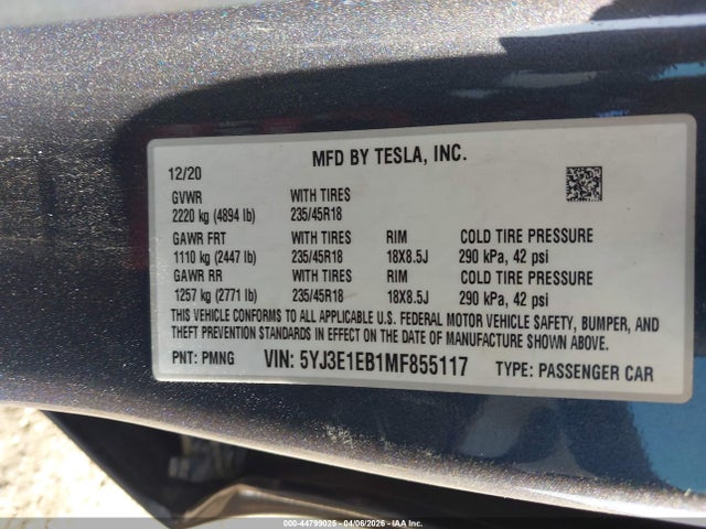 2021 Tesla Model 3 Long Range Dual Motor All-wheel Drive მანქანა იყიდება აუქციონზე, vin: 5YJ3E1EB1MF855117, აუქციონის ნომერი: 44799025