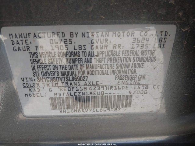 Aukcja sprzedaży 2025 Nissan Versa 1.6 S, vin: 3N1CN8DV7SL869027, numer aukcji: 44799026