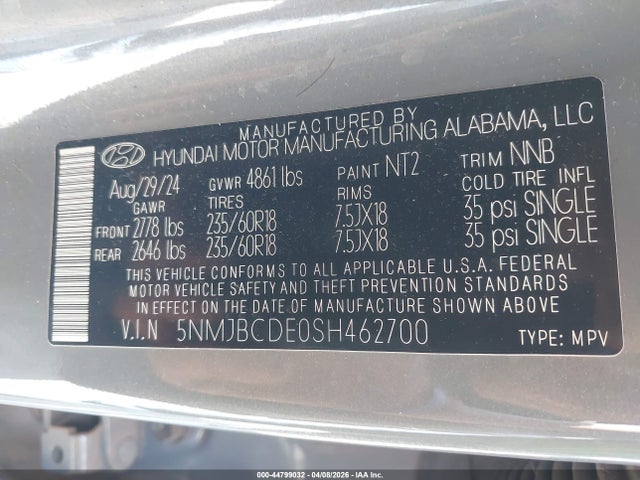 44799032 :رقم المزاد ، 5NMJBCDE0SH462700 vin ، 2025 Hyundai Tucson Sel مزاد بيع