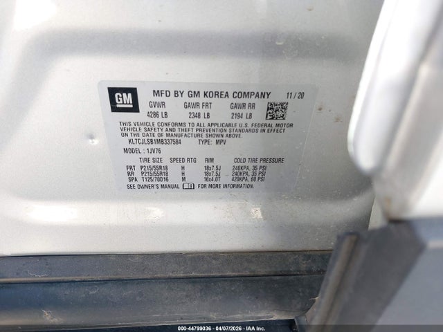 Продаж на аукціоні авто 2021 Chevrolet Trax Fwd Lt, vin: KL7CJLSB1MB337584, номер лоту: 44799036