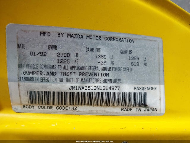 Продаж на аукціоні авто 1992 Mazda Mx-5 Miata, vin: JM1NA3513N1314877, номер лоту: 44799045