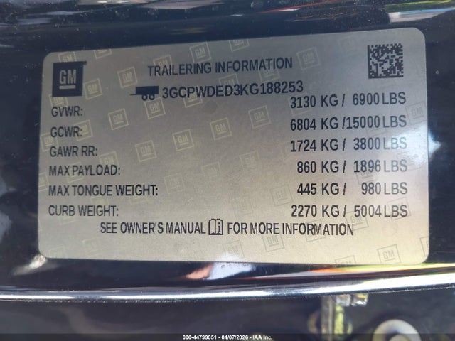 2019 Chevrolet Silverado 1500 Rst მანქანა იყიდება აუქციონზე, vin: 3GCPWDED3KG188253, აუქციონის ნომერი: 44799051