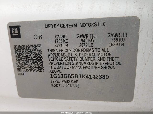 44799059 :رقم المزاد ، 1G1JG6SB1K4142380 vin ، 2019 Chevrolet Sonic Lt Auto مزاد بيع