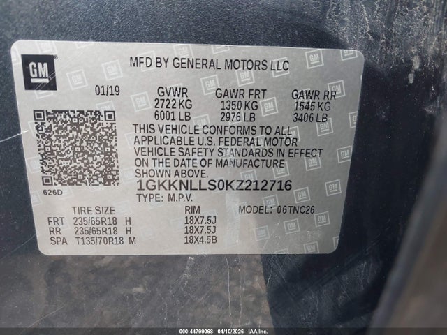 Auction sale of the 2019 Gmc Acadia Sle-2, vin: 1GKKNLLS0KZ212716, lot number: 44799068