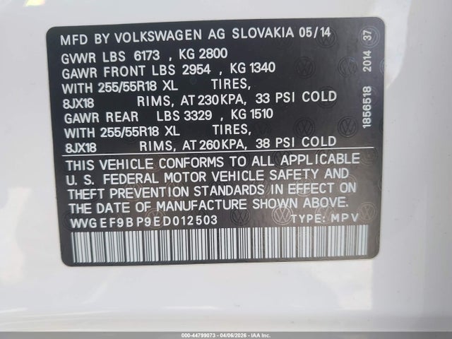 Продаж на аукціоні авто 2014 Volkswagen Touareg 3.6l Sport, vin: WVGEF9BP9ED012503, номер лоту: 44799073