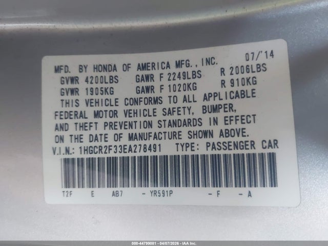 2014 Honda Accord Lx მანქანა იყიდება აუქციონზე, vin: 1HGCR2F33EA278491, აუქციონის ნომერი: 44799081