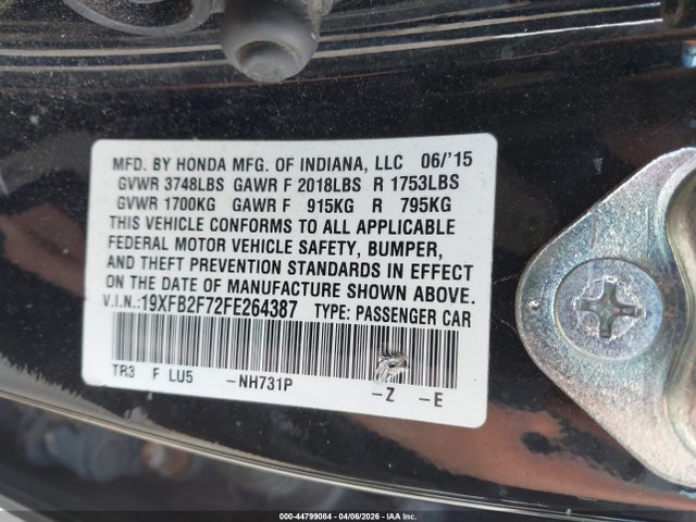 44799084 :رقم المزاد ، 19XFB2F72FE264387 vin ، 2015 Honda Civic Se مزاد بيع