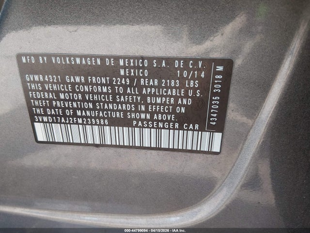 44799094 :رقم المزاد ، 3VWD17AJ2FM239986 vin ، 2015 Volkswagen Jetta 1.8t Se مزاد بيع