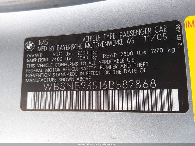 2006 BMW M5 WBSNB93516B582868 Photo 8
