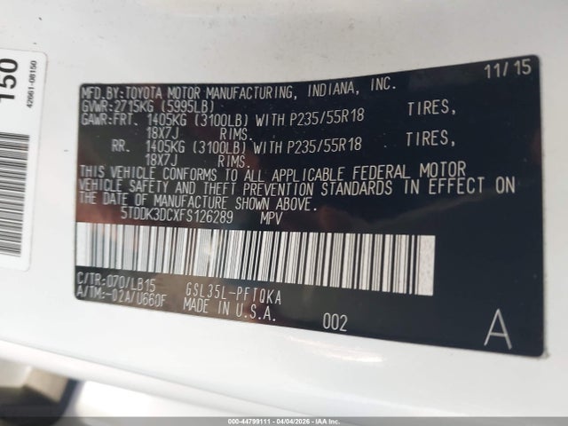 5TDDK3DCXFS126289 Toyota Sienna Limited Premium 7 Passenger