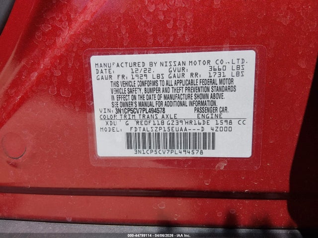 2023 Nissan Kicks Sv Xtronic Cvt მანქანა იყიდება აუქციონზე, vin: 3N1CP5CV7PL494578, აუქციონის ნომერი: 44799114
