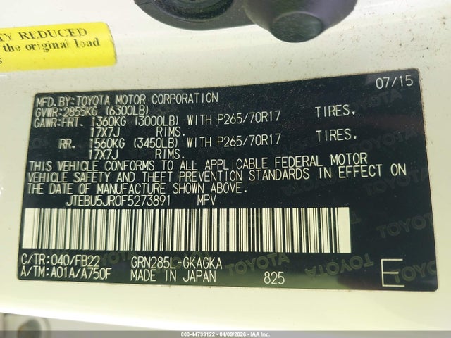 Toyota 4RUNNER SR5 2015 JTEBU5JR0F5273891 Image 9