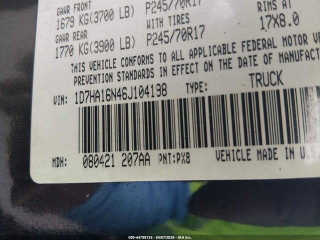 Auction sale of the 2006 Dodge Ram 1500 Slt, vin: 1D7HA16N46J104198, lot number: 44799124