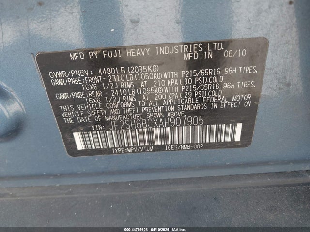 2010 Subaru Forester 2.5x მანქანა იყიდება აუქციონზე, vin: JF2SH6BCXAH907905, აუქციონის ნომერი: 44799128