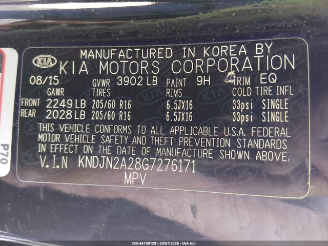 Auction sale of the 2016 Kia Soul, vin: KNDJN2A28G7276171, lot number: 44799129