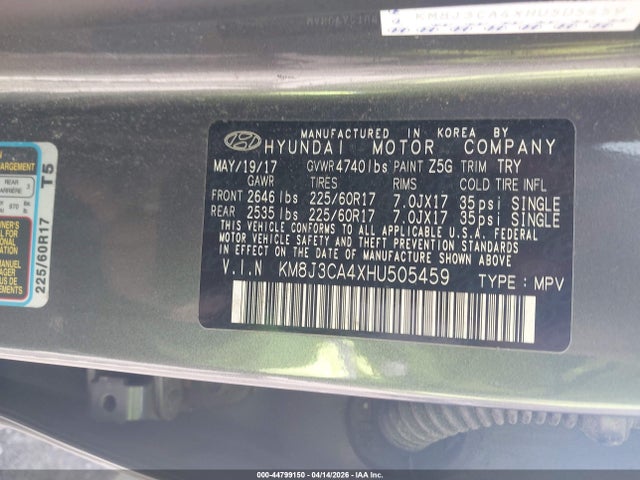 Aukcja sprzedaży 2017 Hyundai Tucson Se, vin: KM8J3CA4XHU505459, numer aukcji: 44799150