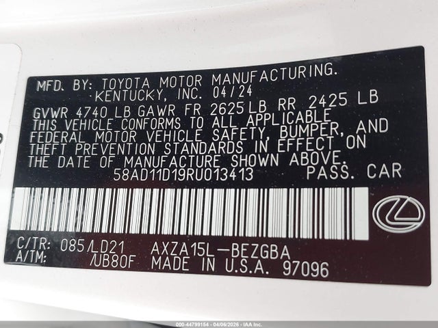 Aukcja sprzedaży 2024 Lexus Es 250, vin: 58AD11D19RU013413, numer aukcji: 44799154
