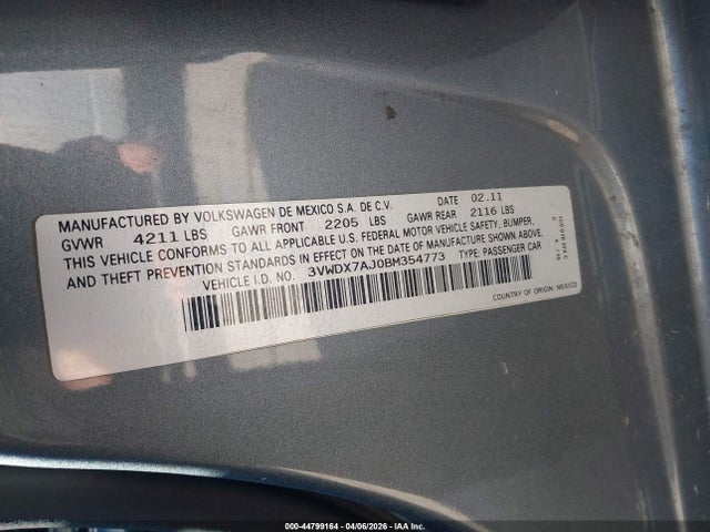 Продажа на аукционе авто 2011 Volkswagen Jetta 2.5l Se, vin: 3VWDX7AJ0BM354773, номер лота: 44799164