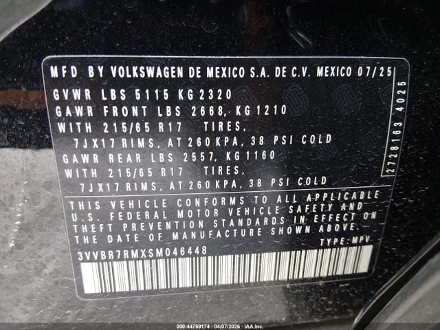 Продажа на аукционе авто 2025 Volkswagen Tiguan 2.0t S, vin: 3VVBR7RMXSM046448, номер лота: 44799174