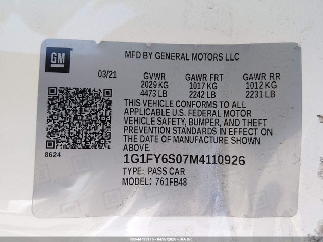 1G1FY6S07M4110926 Chevrolet Bolt Ev Fwd Lt