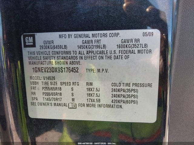 44799180 :رقم المزاد ، 1GNEV23DX9S176452 vin ، 2009 Chevrolet Traverse Lt مزاد بيع
